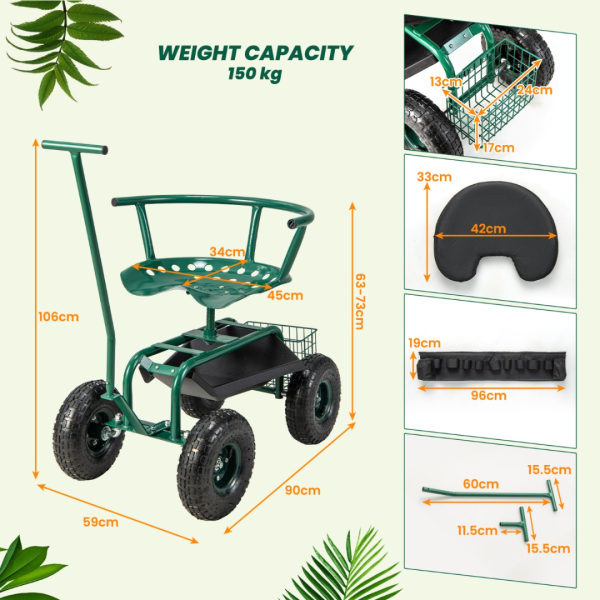 Rolling Garden Cart Scooter with Seat and Tool Storage - Image 3