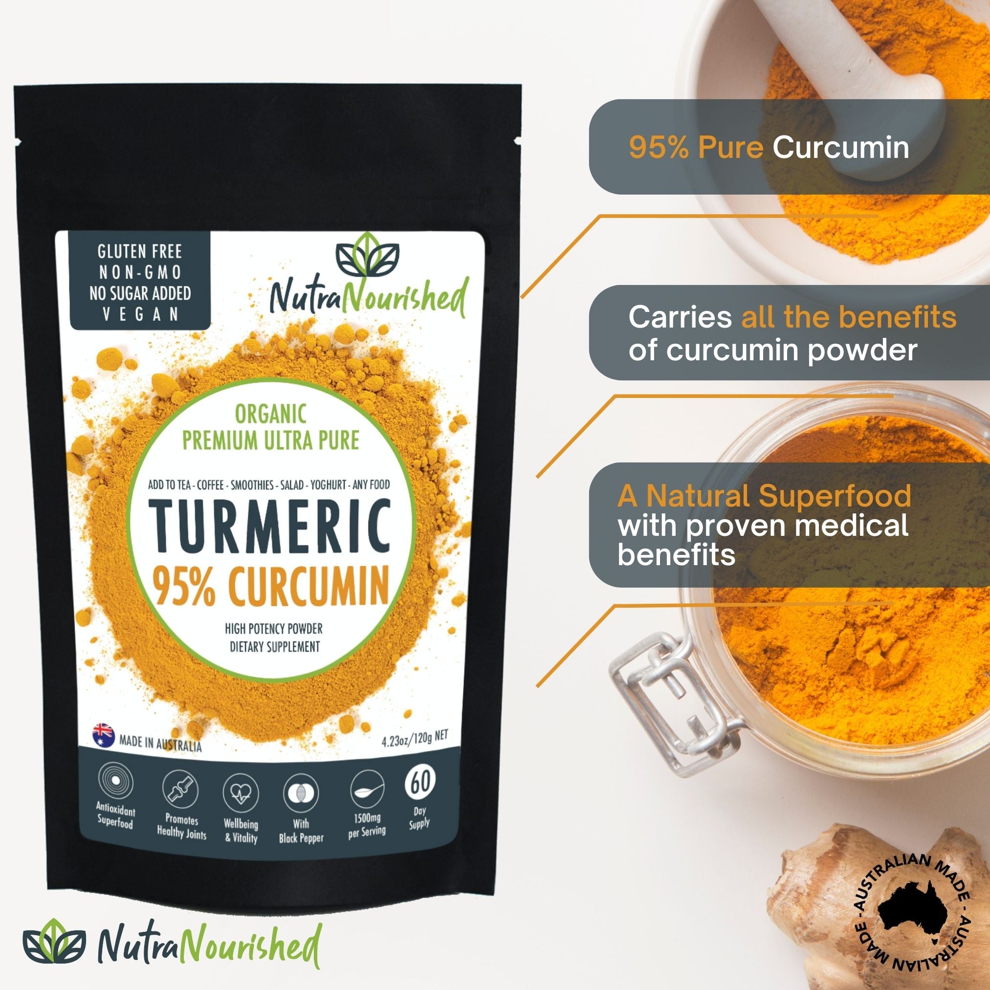 Pure Organic 95% Curcumin Powder - 1500mg of Turmeric Extract Buffered with Black Pepper - Image 2